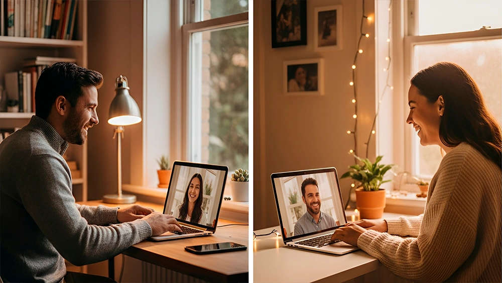 Building momentum in a video chat man and woman smiling during video chat