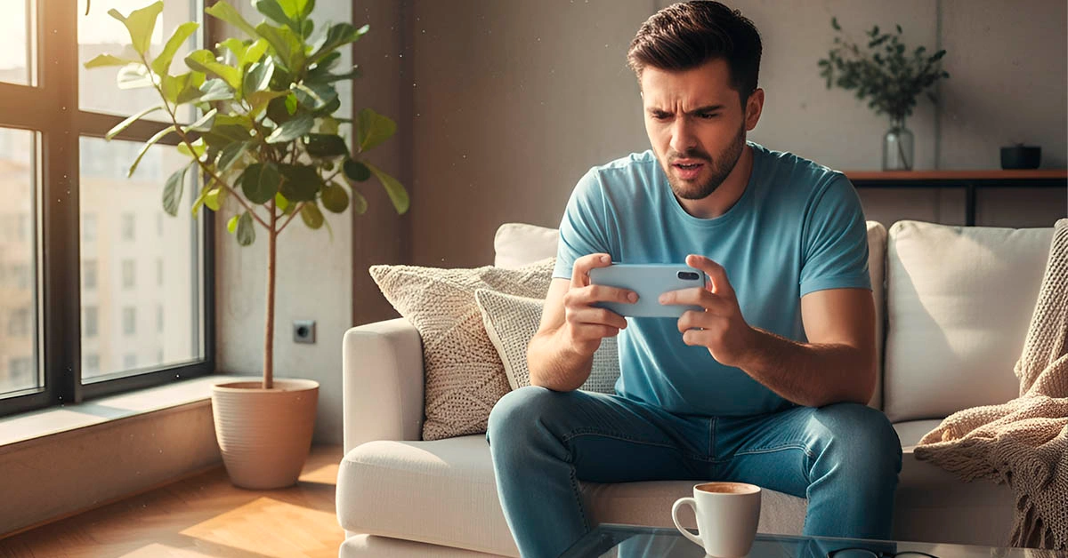 Texting with a puzzled expression Young man texting with a puzzled expression in a modern cozy room, natural daylight