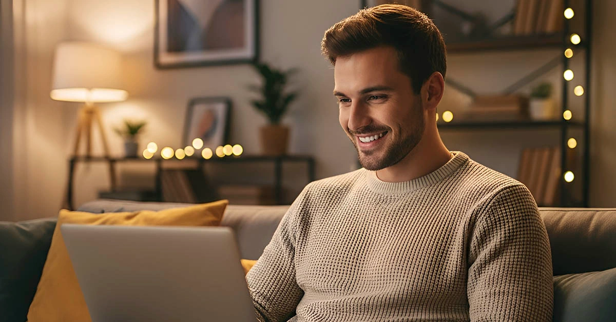 Confident man opening a playful chat online