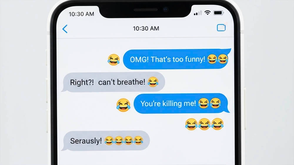 split-screen chat with laughing emojis and smiles