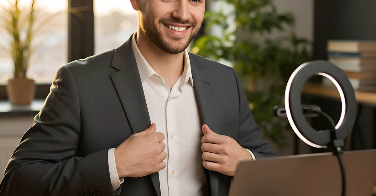 style hacks men online — confident man adjusting jacket in front of webcam