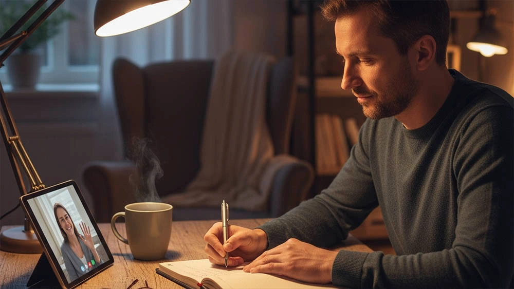 mindset shifts confidence chats — man journaling before chatting online