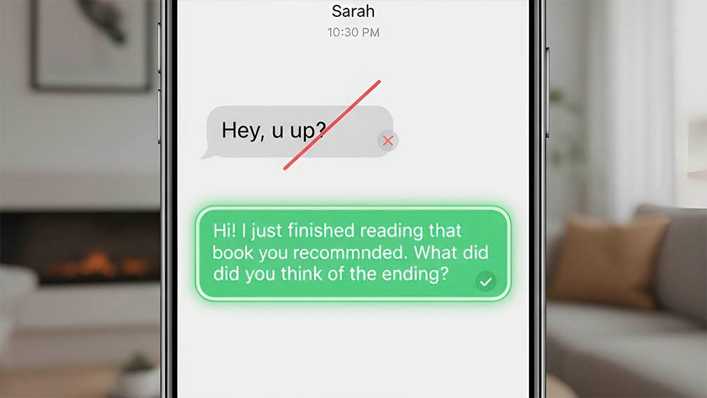 online chat red flags — bad opener crossed out, good opener highlighted