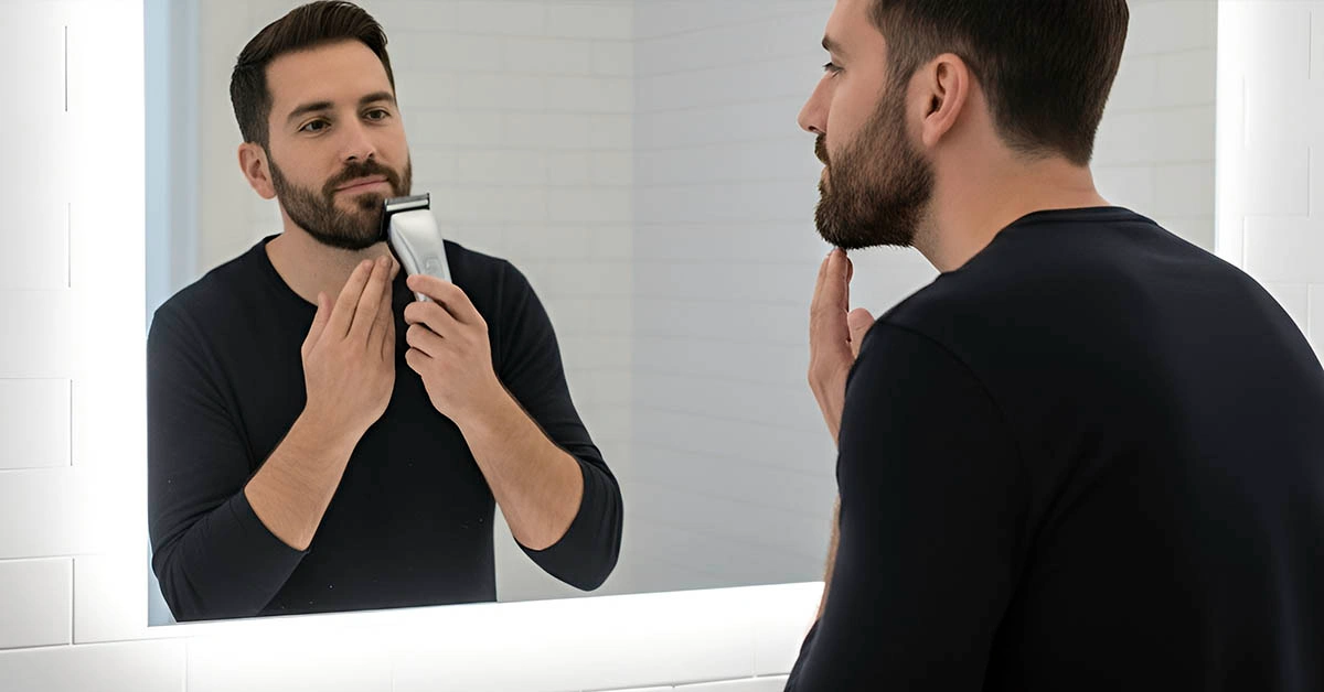 Grooming Routine Men 2025 — Beard Trim for a Clean Camera Look grooming routine men 2025 — trimming beard in the mirror for a clean camera look