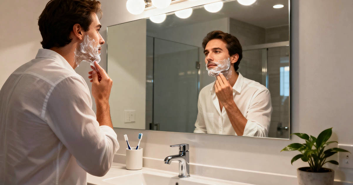 Man applying moisturizer under beard in bathroom mirror