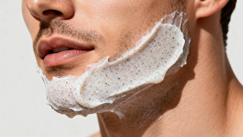 Close-up of exfoliant being applied to beard area