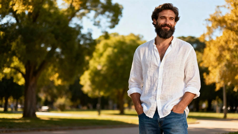 Man smiling confidently with well-groomed beard outdoors