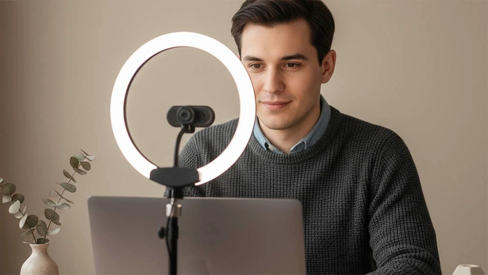 clean soft lighting for video calls ring light soft lighting clean background eye contact
