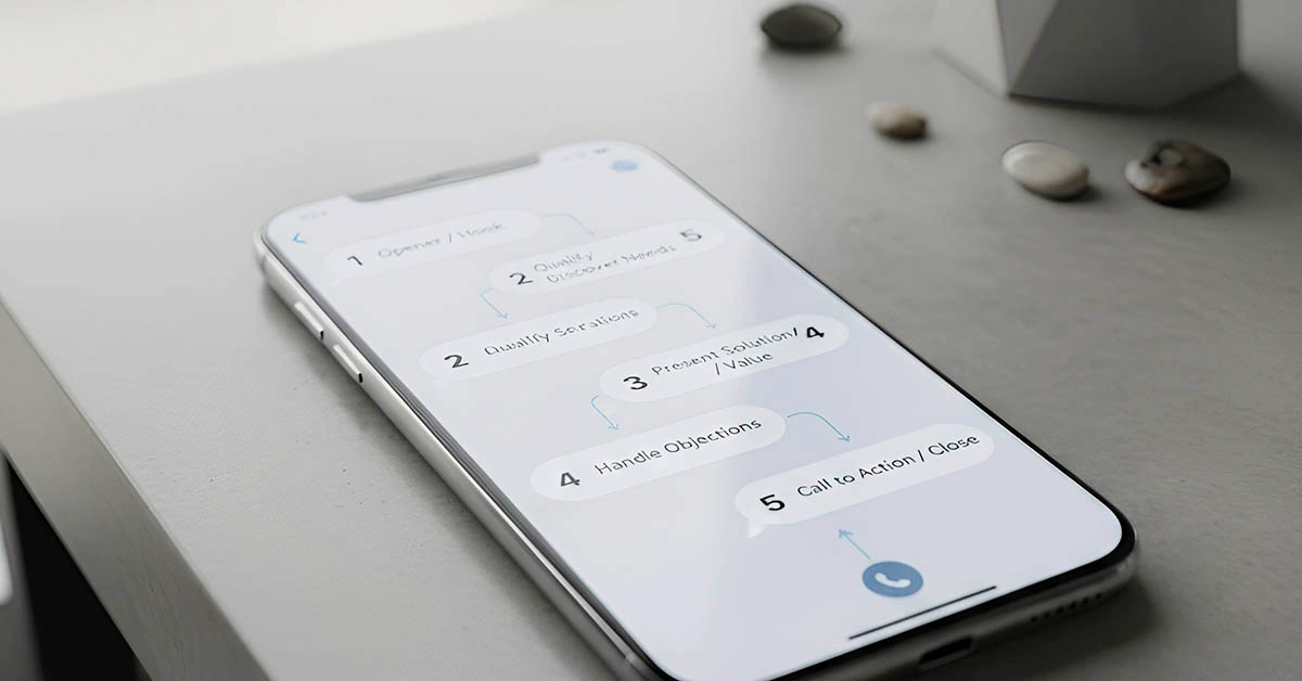 5 message framework 2025 visual flow on phone screen — steps from opener to call
