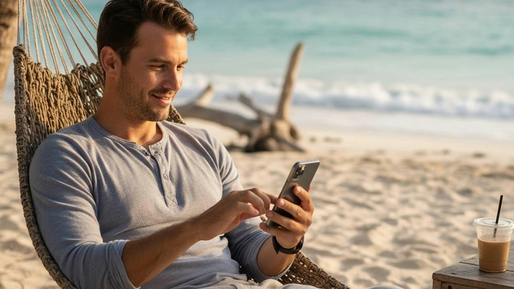 Man replying calmly to messages without rush