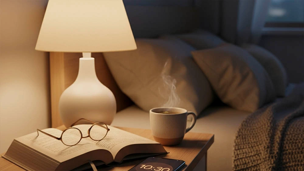 Phone with blue light filter next to bed for better sleep