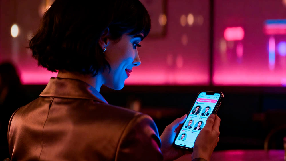 The Swipe Decision woman checking verified dating profile neon glow