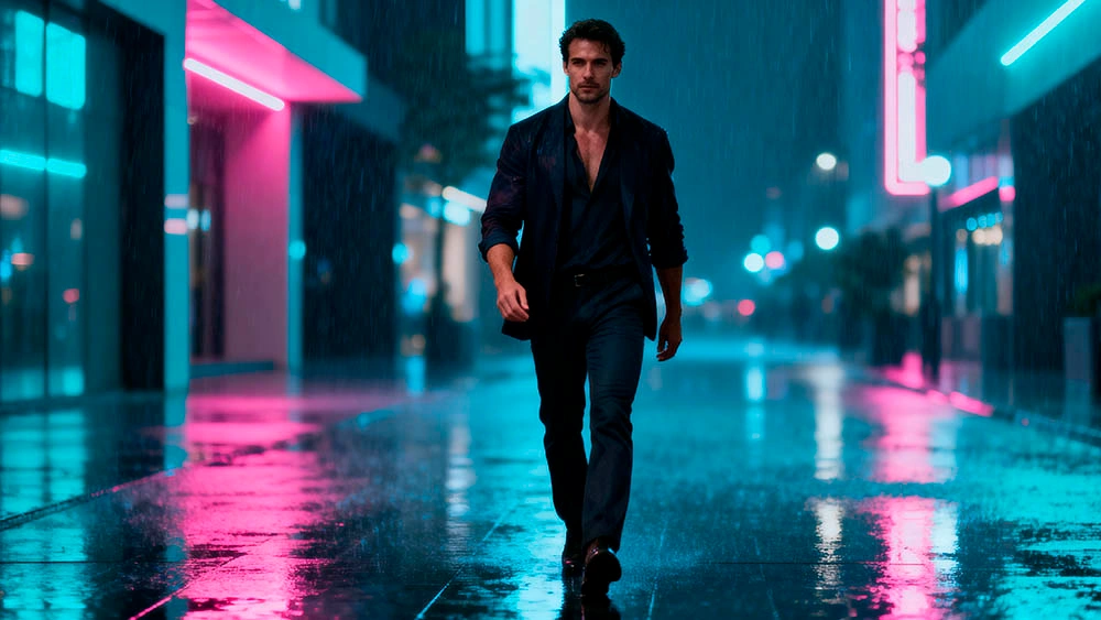 Confidence in Motion attractive man confident posture neon cinematic light