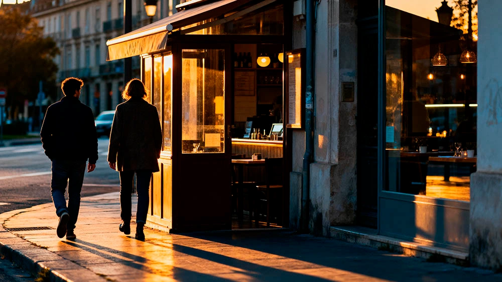 Evening Entrance couple heading to small restaurant second date