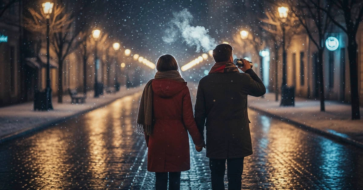 winter date ideas budget — cozy walk with thermos