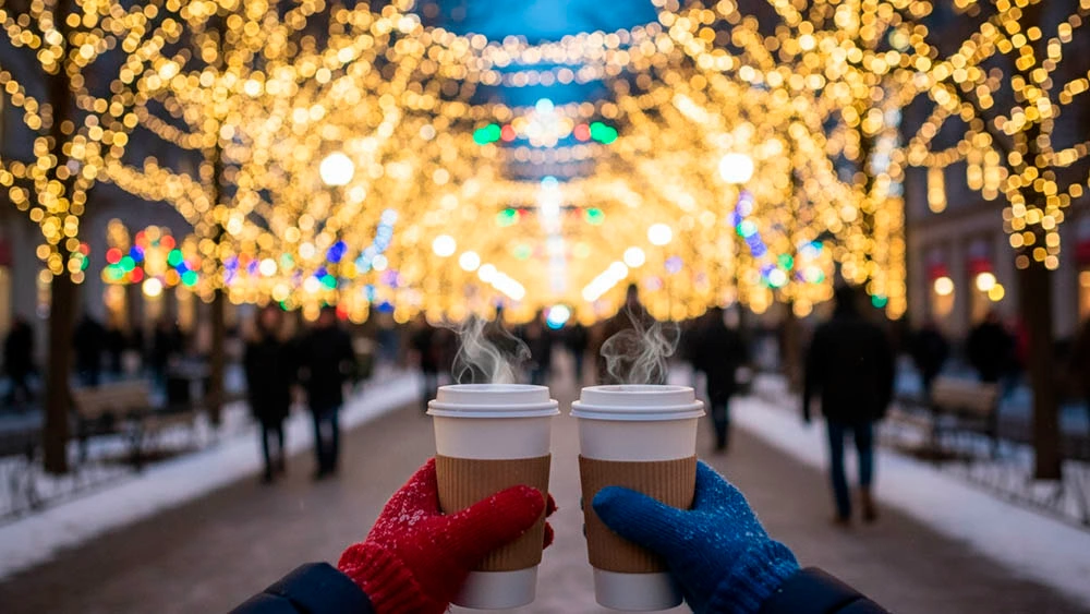 holiday lights walk with two cups of cocoa