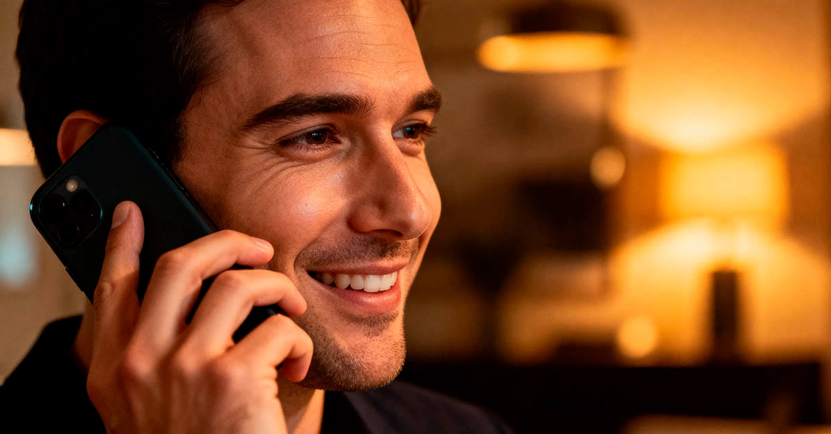 Confident phone call flirting - warm tone and smile in voice