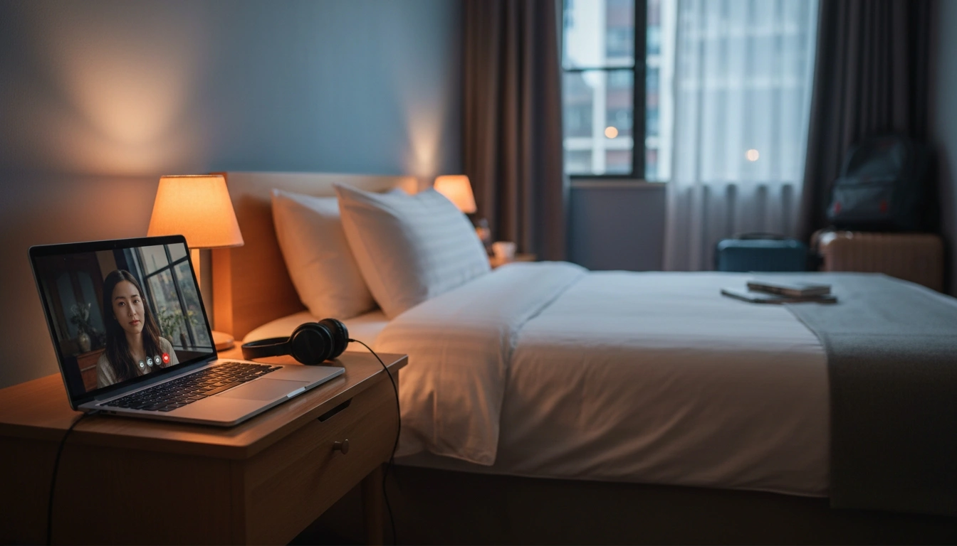 Cozy travel room setup for an evening video date cozy evening video date scene with laptop, headphones, and a soft lamp in a small travel room