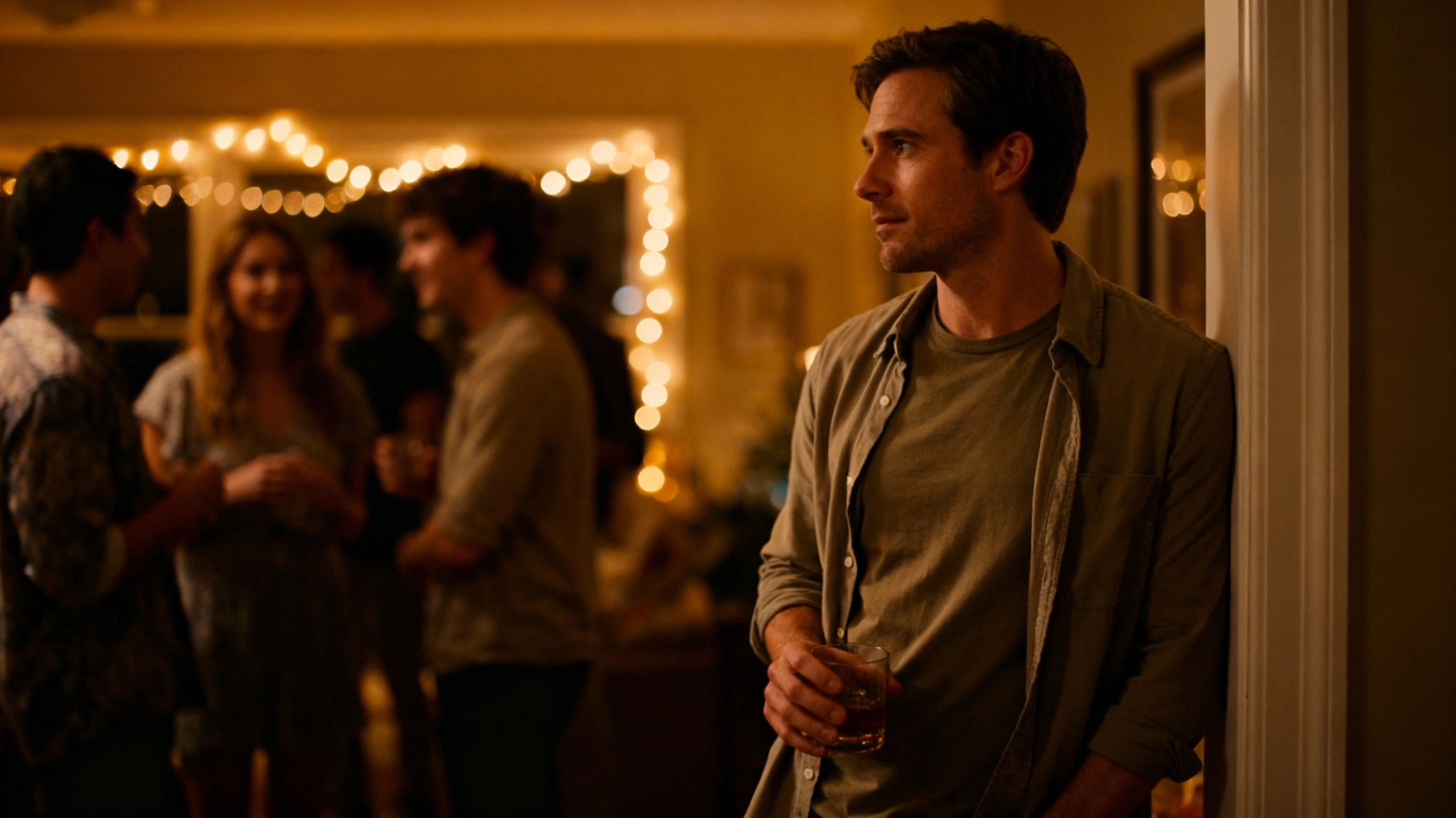 Introvert party tips for men at real parties and meetups introvert party tips for men — calm man standing at the edge of a party with warm lights in the background