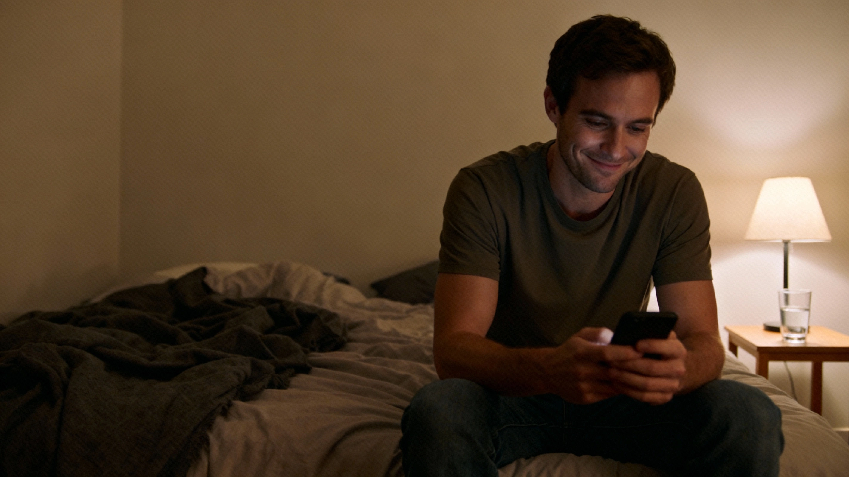 Introvert follow-up after a party without overthinking introvert man sitting on his bed after a party, texting a follow-up message on his phone in a calm room